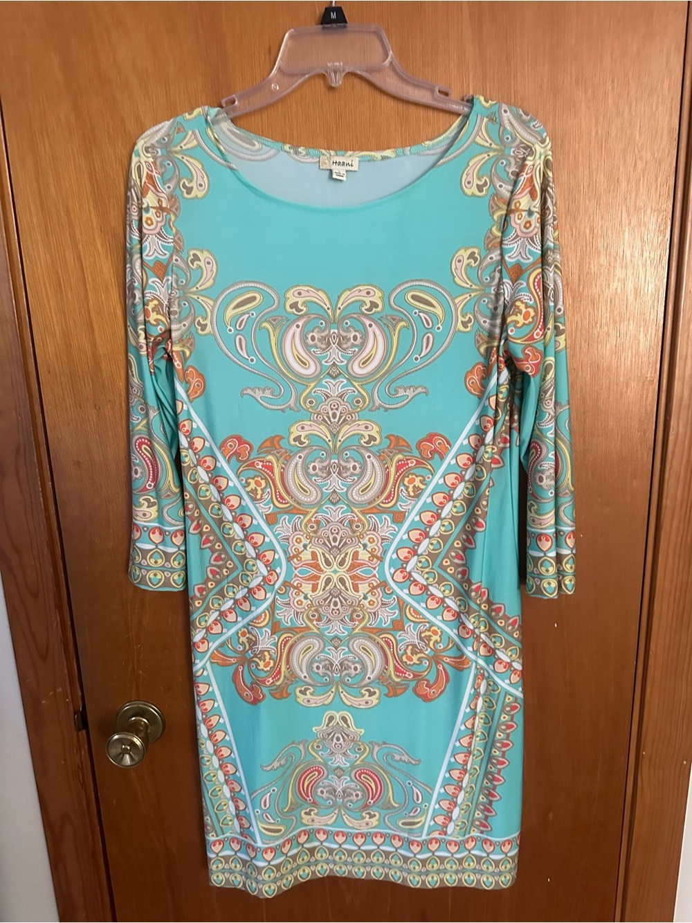 Haani Aqua Teal Mirror Paisley Print Stretch Sheath Dress Size L
